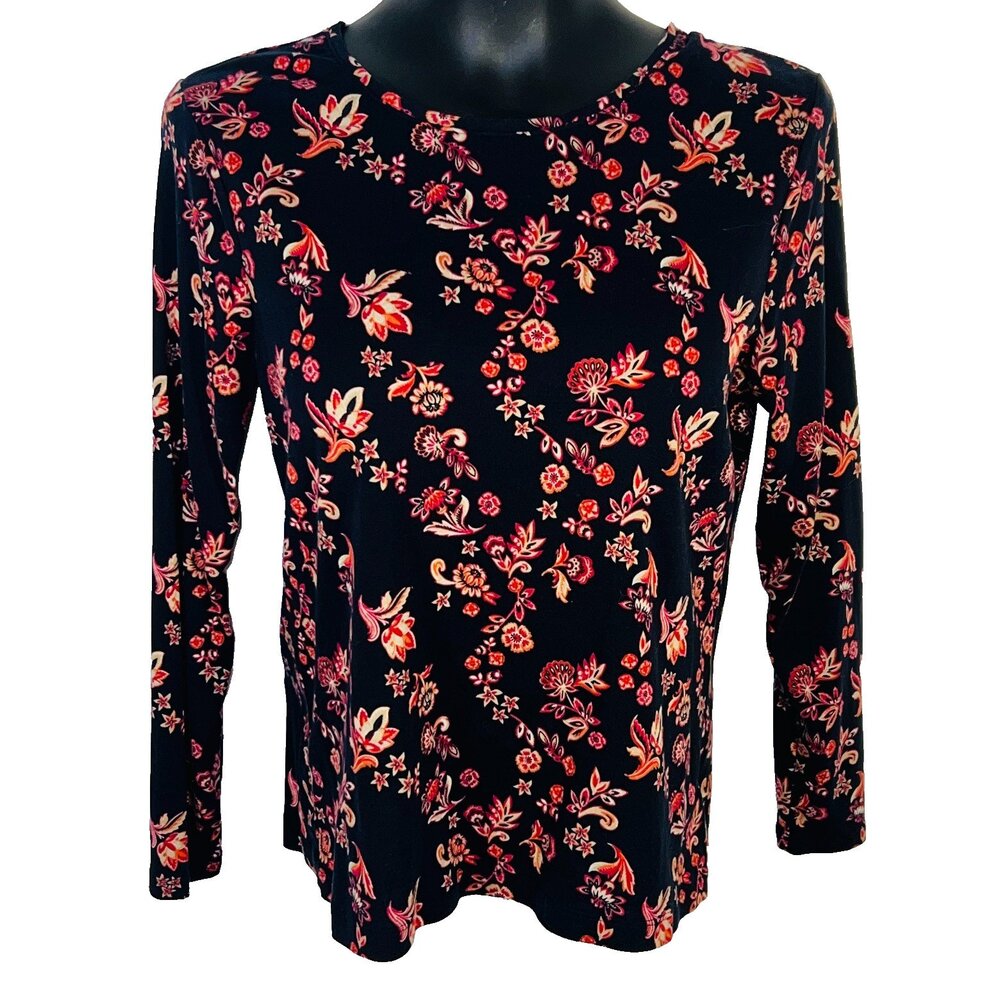 Croft & Barrow - Women's M Petite Long Sleeve Tee Shirt Navy Orange Pink Cottage